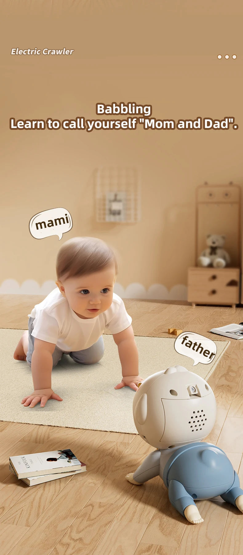 A baby is interacting with an electronic crawler toy while learning to call themselves Mom and Dad.
