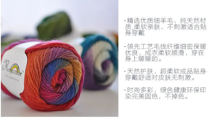 Spools of hand-dyed rainbow merino wool yarn for knitting and crochet