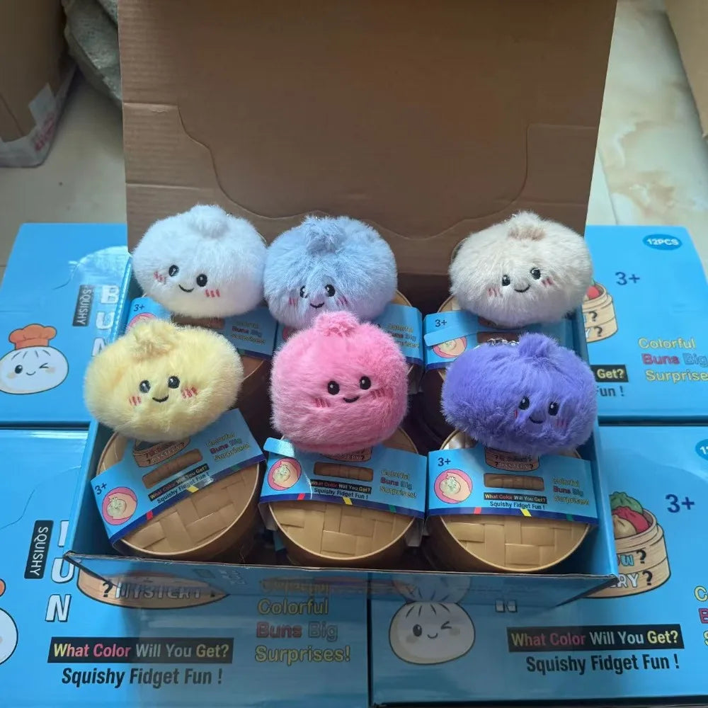 A collection of squishy fidget fun plush toys in various colors and shapes packaged in boxes.
