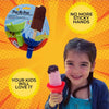 A smiling girl holds a pink popsicle in a red holder, with a cartoon illustration of a chocolate popsicle and a green drip-fr