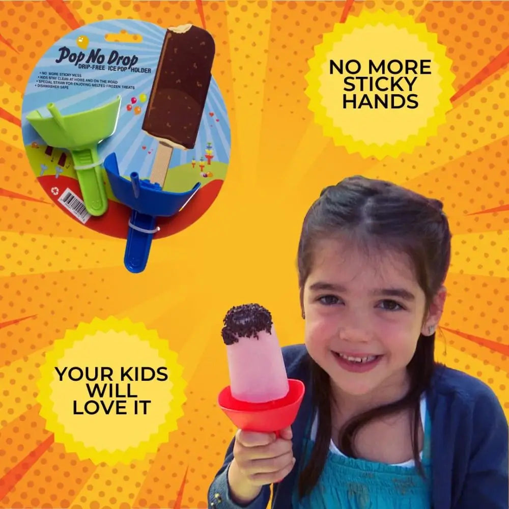 A smiling girl holds a pink popsicle in a red holder, with a cartoon illustration of a chocolate popsicle and a green drip-fr