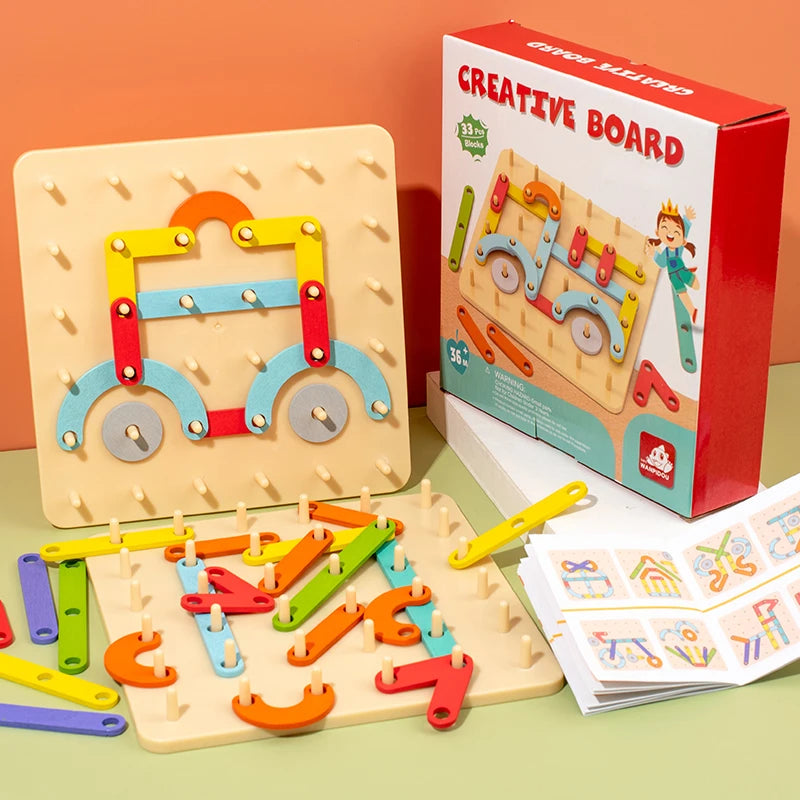 A red box of a Creative Board puzzle set with wooden pegs and pieces laid out on a light green surface.