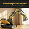 A yellow RC excavator with a robotic arm demonstrating joint linkage bionic control for independent boom and arm movement.