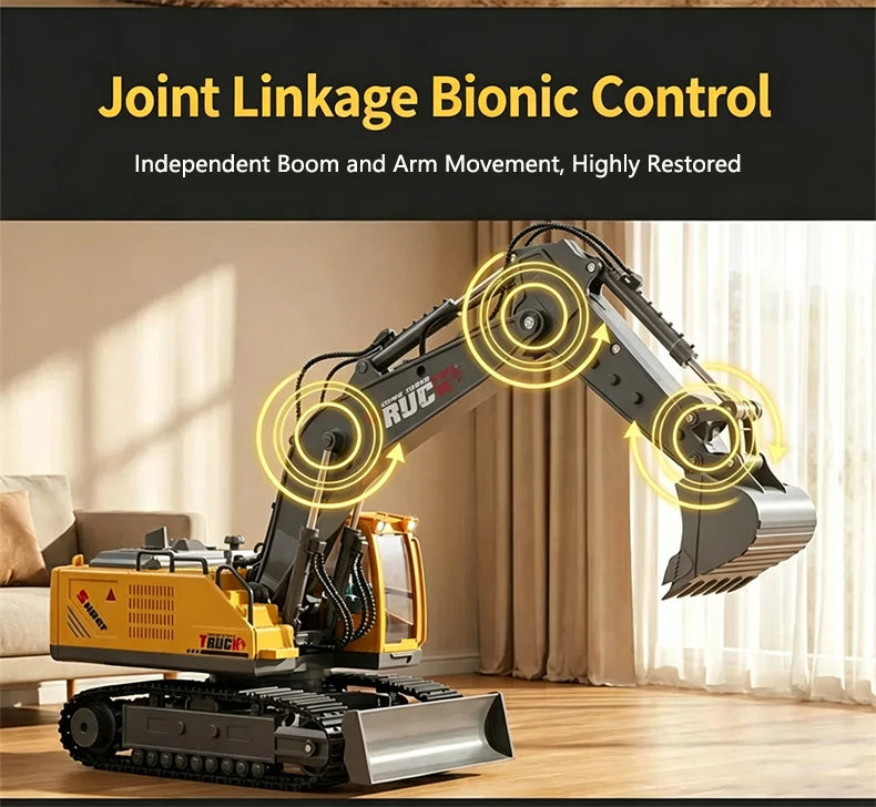 A yellow RC excavator with a robotic arm demonstrating joint linkage bionic control for independent boom and arm movement.