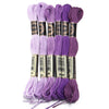 A set of six skeins of vibrant purple embroidery thread for cross stitch and DIY crafts.