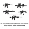3D printed military building block set with gun and helmet accessories shown in multiple views