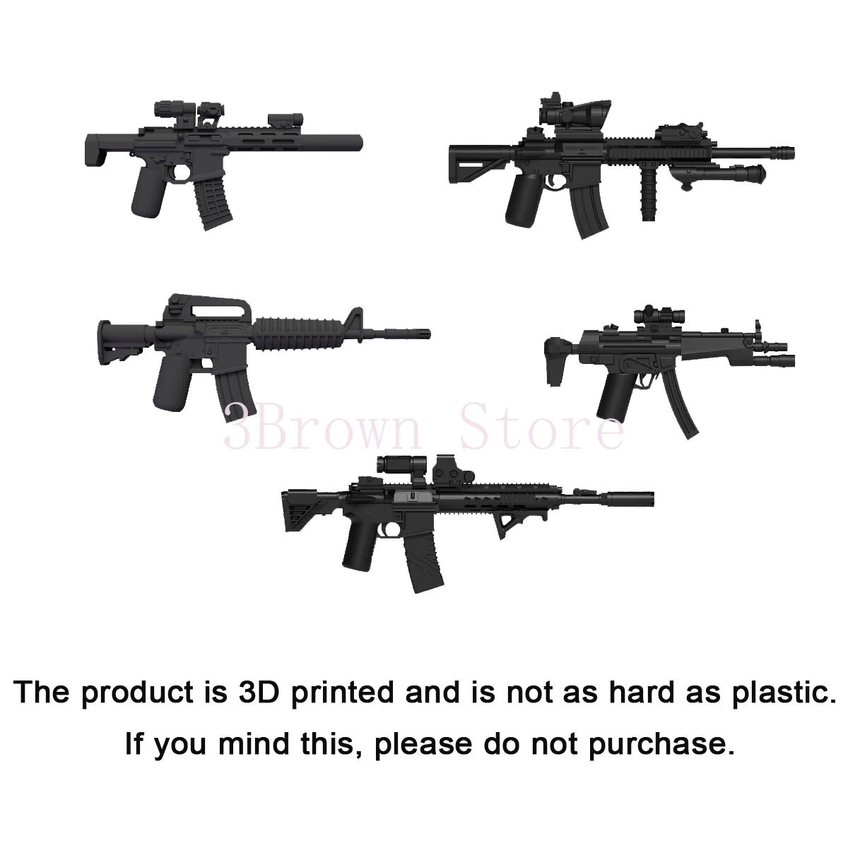 3D printed military building block set with gun and helmet accessories shown in multiple views