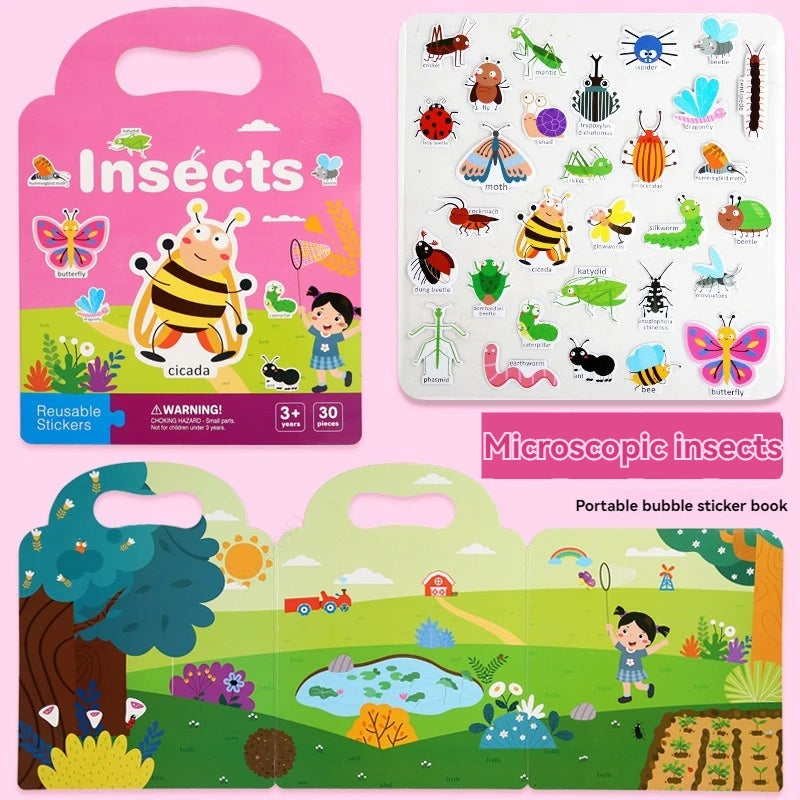 A portable bubble sticker book featuring insects and vehicles for toddlers.
