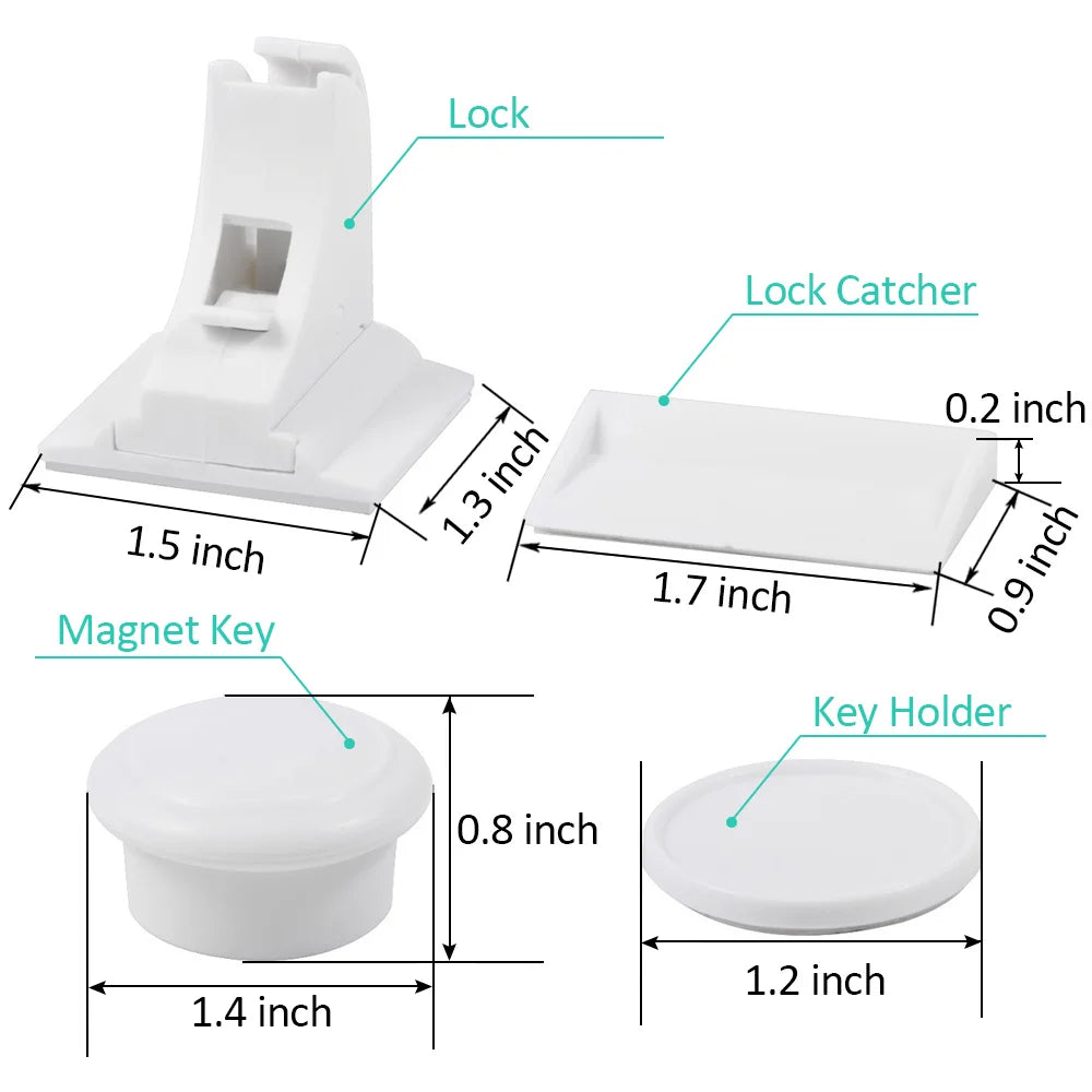 White magnetic cabinet and drawer safety locks including a lock, latch, key, and holder components