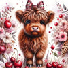 A fluffy brown calf with a checkered bow is featured in a diamond painting kit design surrounded by pink and red flowers.