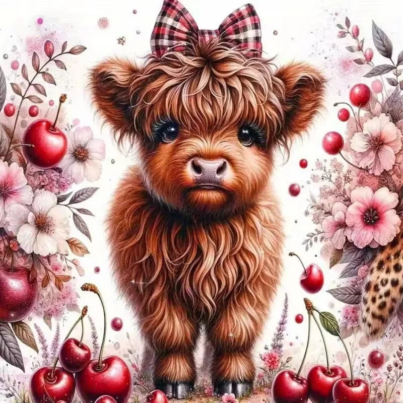 A fluffy brown calf with a checkered bow is featured in a diamond painting kit design surrounded by pink and red flowers.