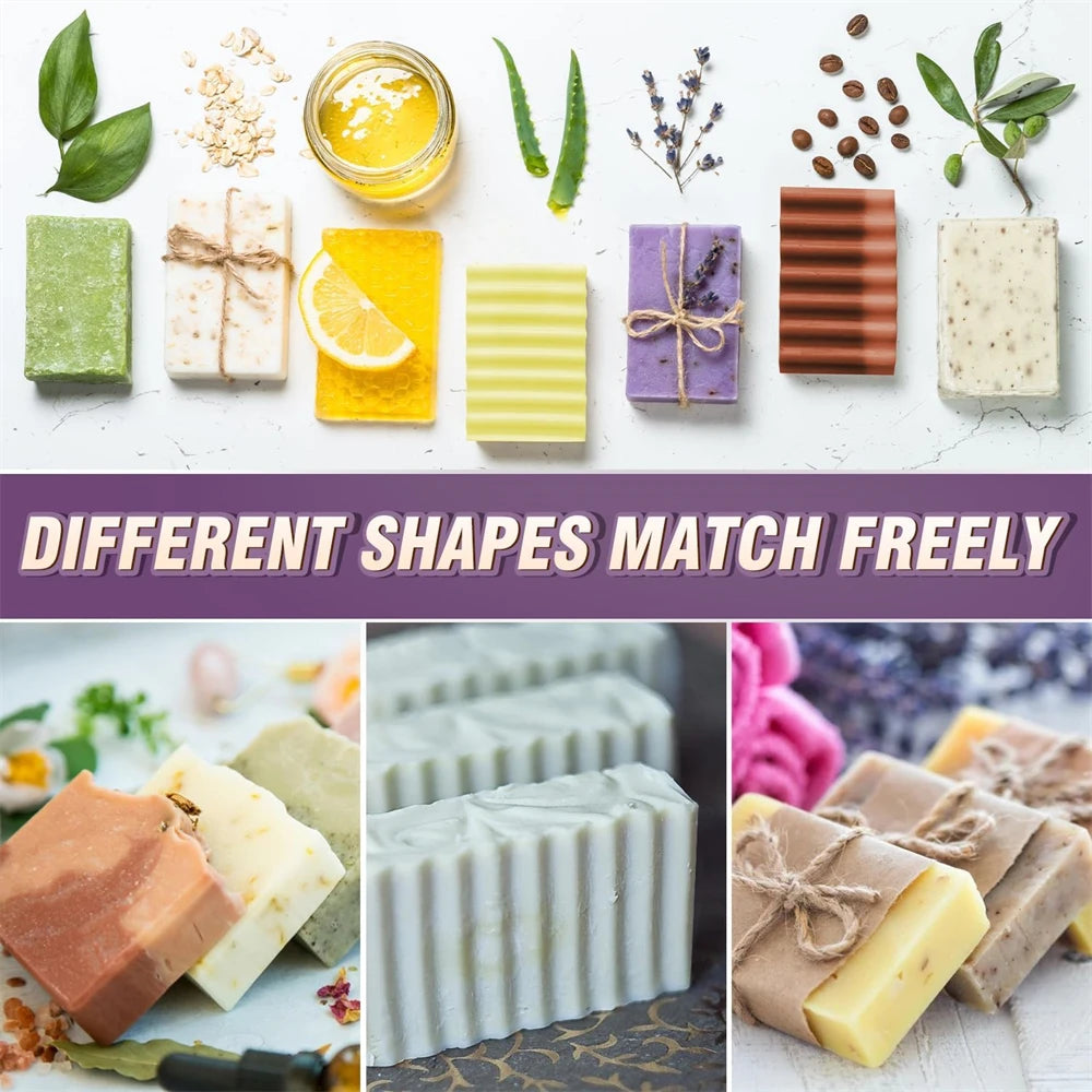 Various shaped silicone soaps in green, yellow, purple, and brown are displayed with wooden casings and a cutting knife.