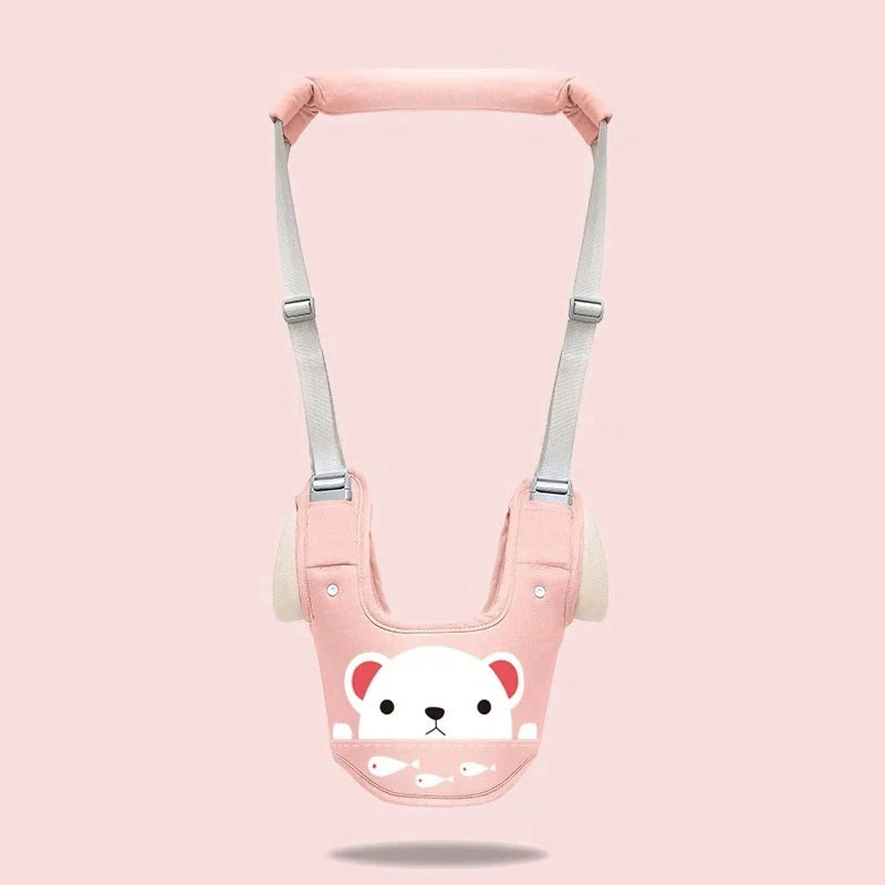 Rosa Kinderlaufhilfe mit weißem Bärengesicht-Design.