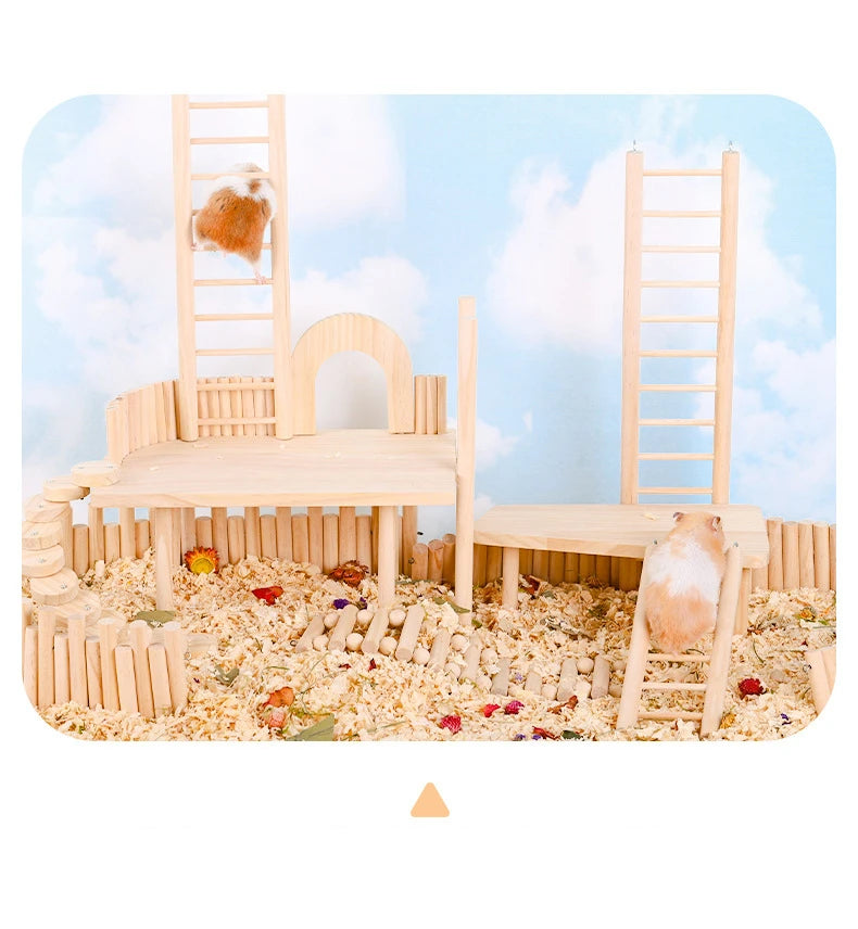 A wooden climbing ladder for birds play gym toy featuring a house structure and a hanging parrot.