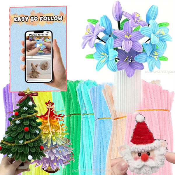 Colorful chenille wire craft sticks in various shades of blue, purple, and pink are displayed with Christmas decorations.