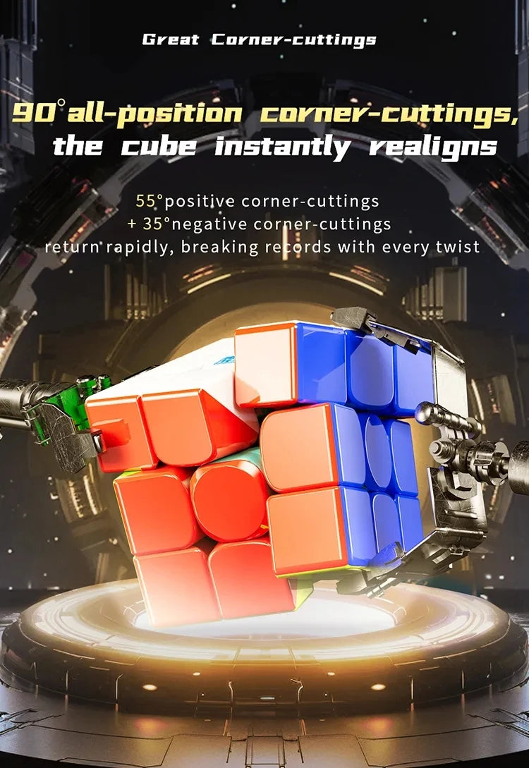 Cube magnétique à coins coupés rouge, bleu et orange tournant sur une plateforme circulaire.