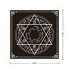 A square black card featuring a white geometric design with Arabic script and a central symbol.