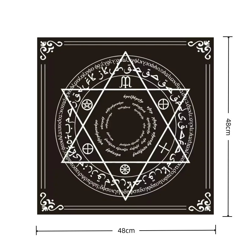 A square black card featuring a white geometric design with Arabic script and a central symbol.