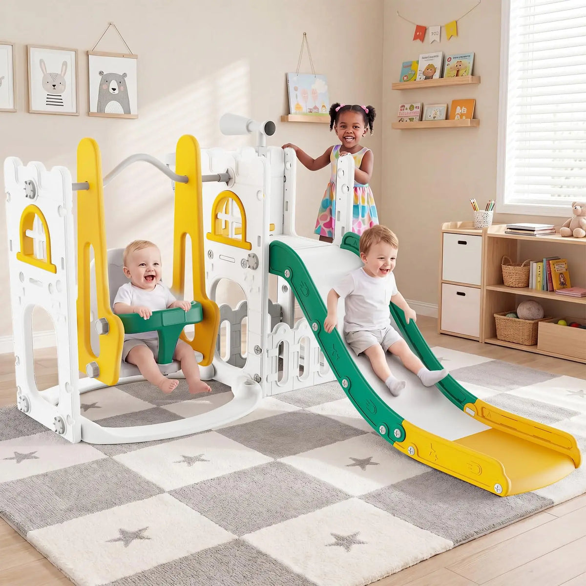 7-in-1 Toddler Slide and Swing Play Set with Basketball Hoop & Castle Playhouse