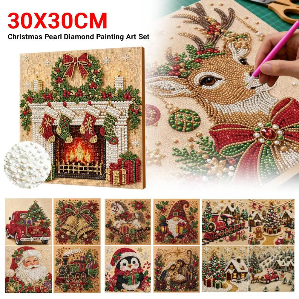 A set of Christmas pearl diamond painting art featuring a fireplace, reindeer, and holiday scenes.