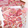 A sticker pack featuring whimsical cartoon penguin and dog RV scenes in pink and orange tones.