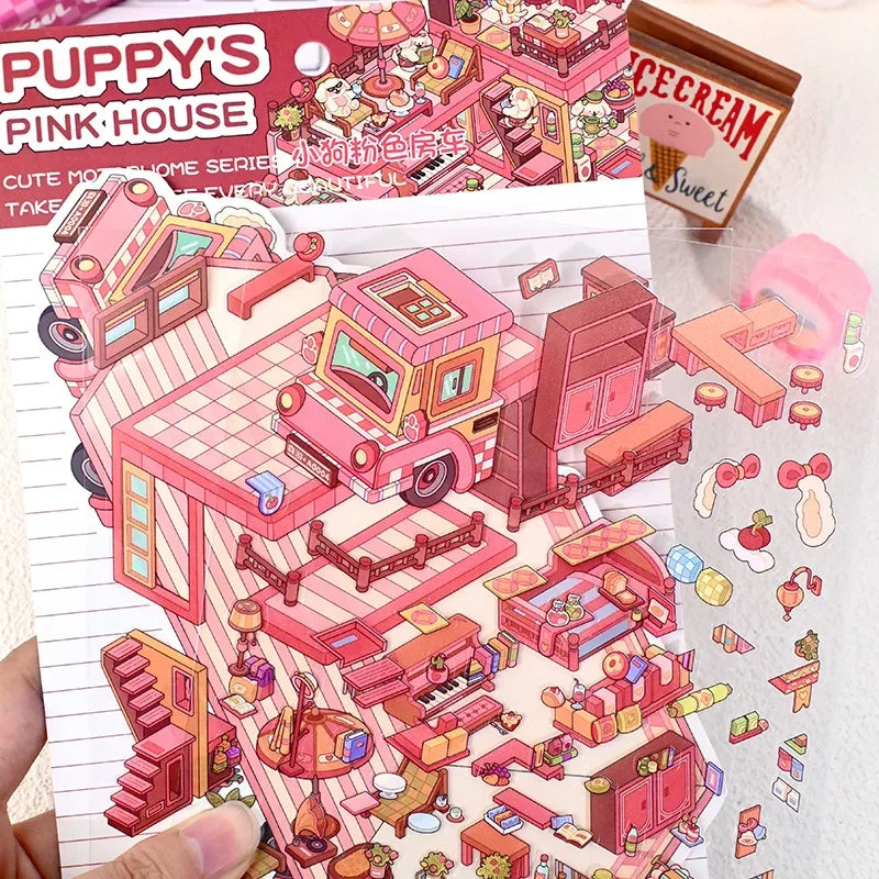 A sticker pack featuring whimsical cartoon penguin and dog RV scenes in pink and orange tones.
