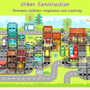 A colorful magnetic building tiles set featuring various structures, roads, rails, and an electric car for urban construction
