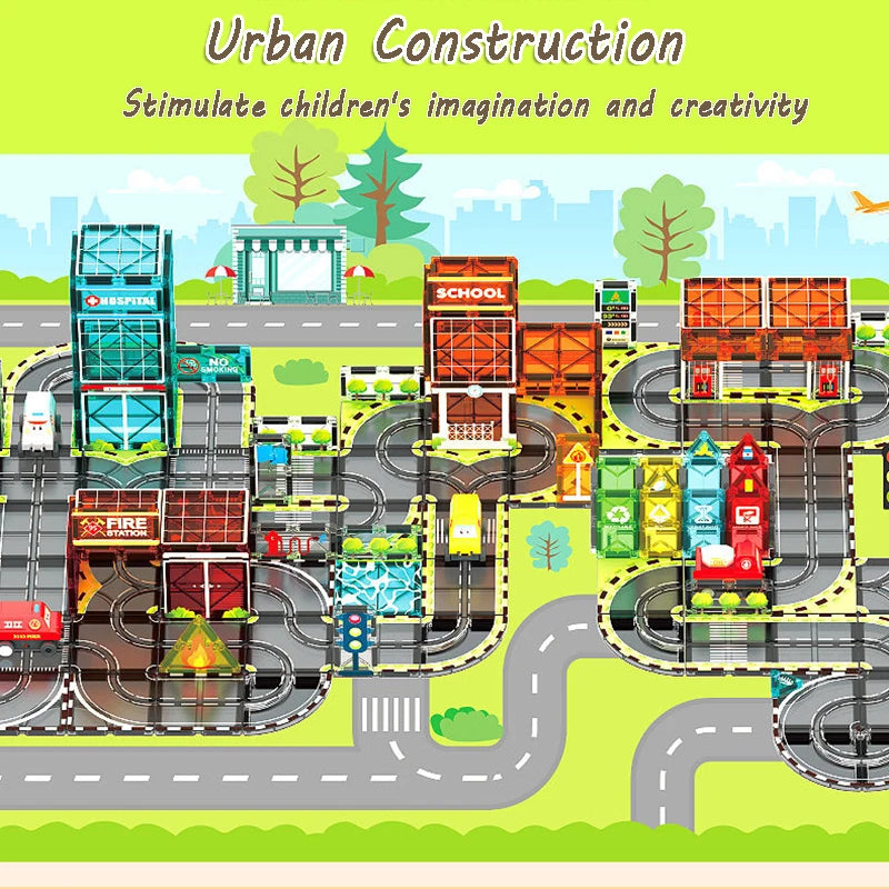 A colorful magnetic building tiles set featuring various structures, roads, rails, and an electric car for urban construction