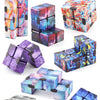Colorful fidget cubes in various patterns and colors, showing different angles and textures.