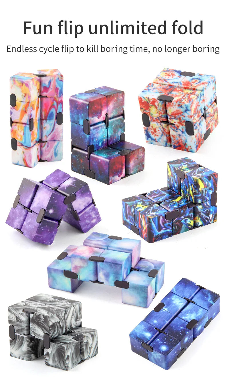 Colorful fidget cubes in various patterns and colors, showing different angles and textures.