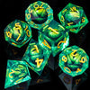 A set of seven green liquid core resin polyhedral dice for tabletop role-playing games