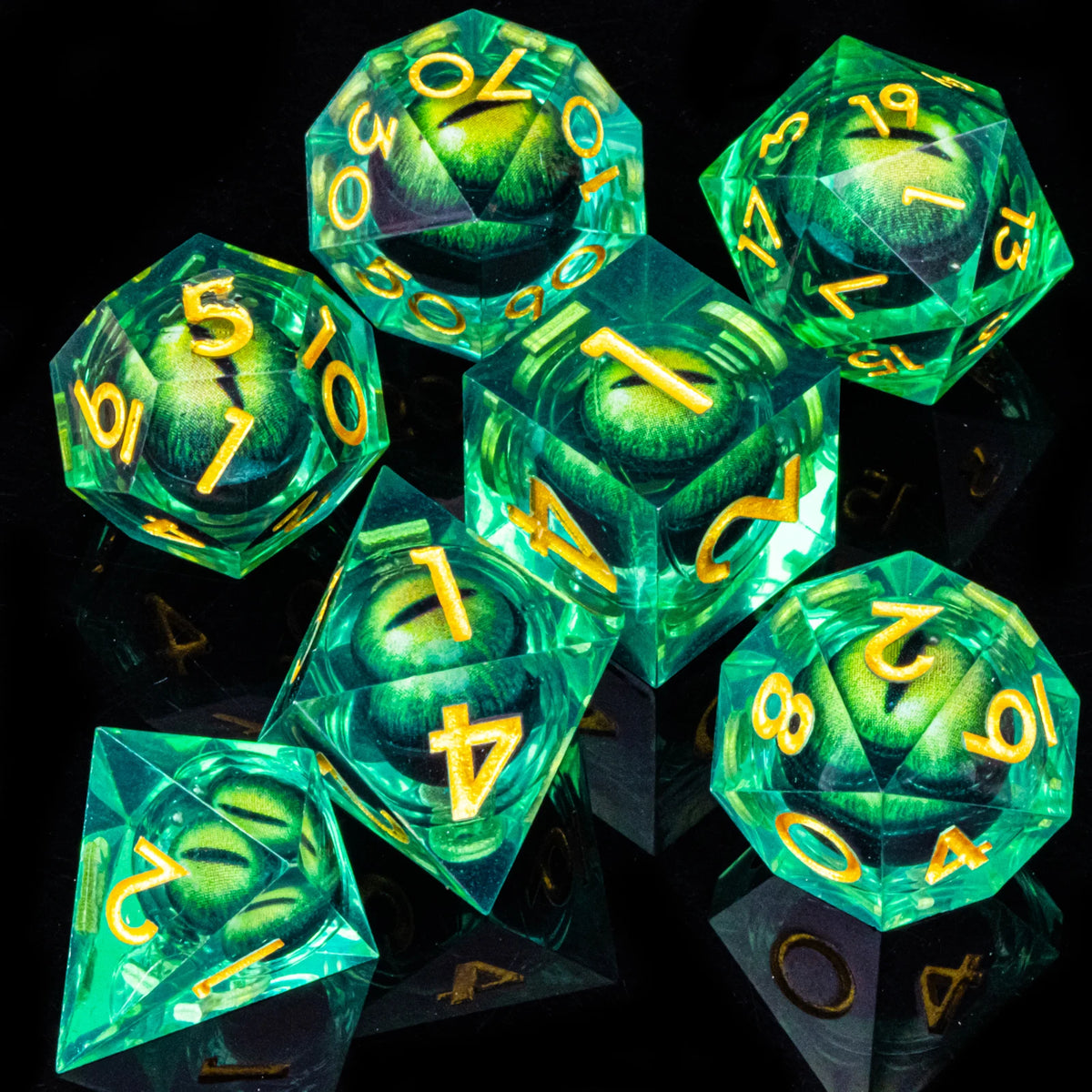 A set of seven green liquid core resin polyhedral dice for tabletop role-playing games