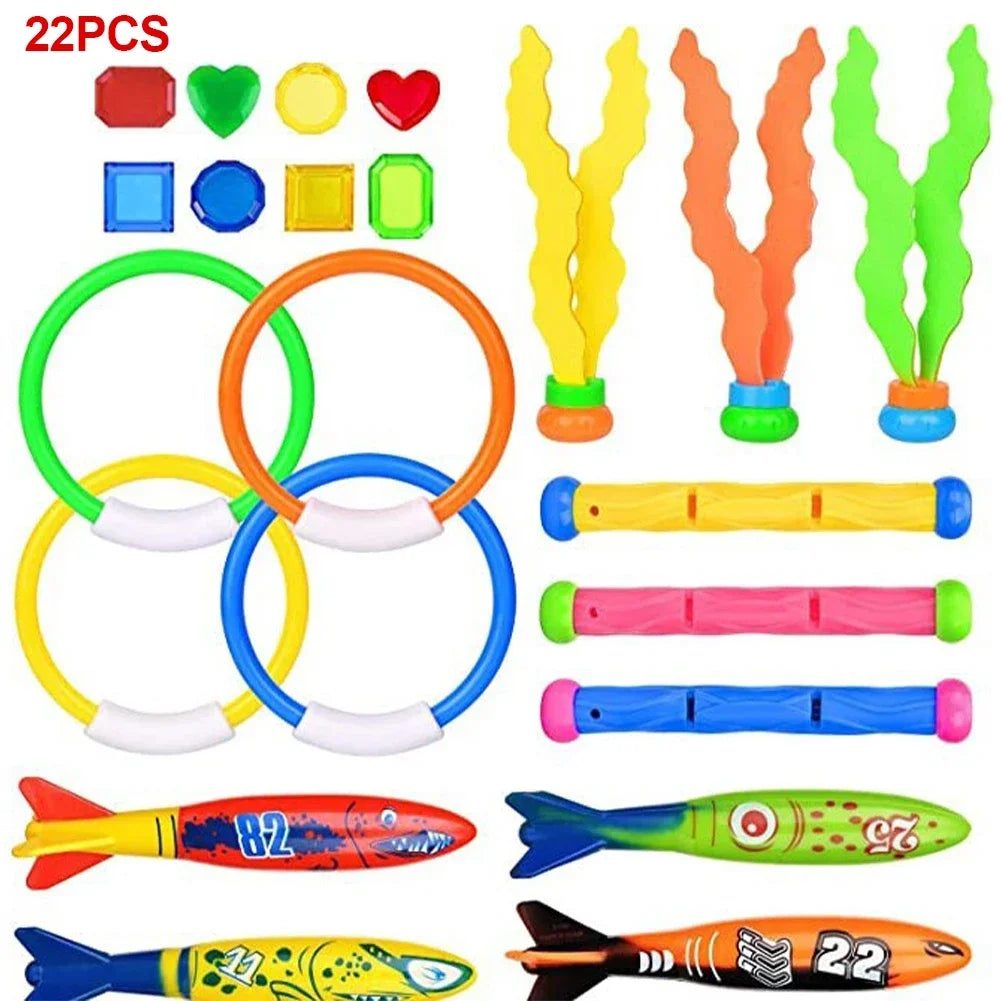 A collection of colorful diving toys including rings, flippers, and various shapes for swimming pool games
