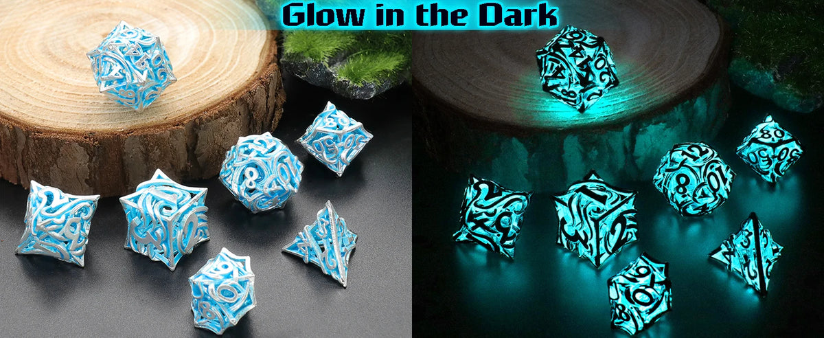 A set of blue glow-in-the-dark polyhedral dice resting on a wooden surface with a dark, glowing background.