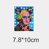 A vibrant illustration of a face with bright yellow hair and pink skin surrounded by stars, used as a creative iron-on heat t