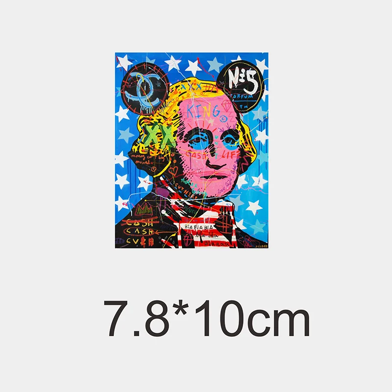A vibrant illustration of a face with bright yellow hair and pink skin surrounded by stars, used as a creative iron-on heat t