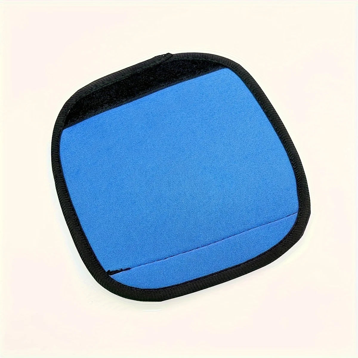 A blue neoprene luggage handle cover with a black cushioned grip.