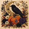 A detailed art kit featuring a black bird silhouette on a golden crescent moon surrounded by autumn foliage and an orange pum