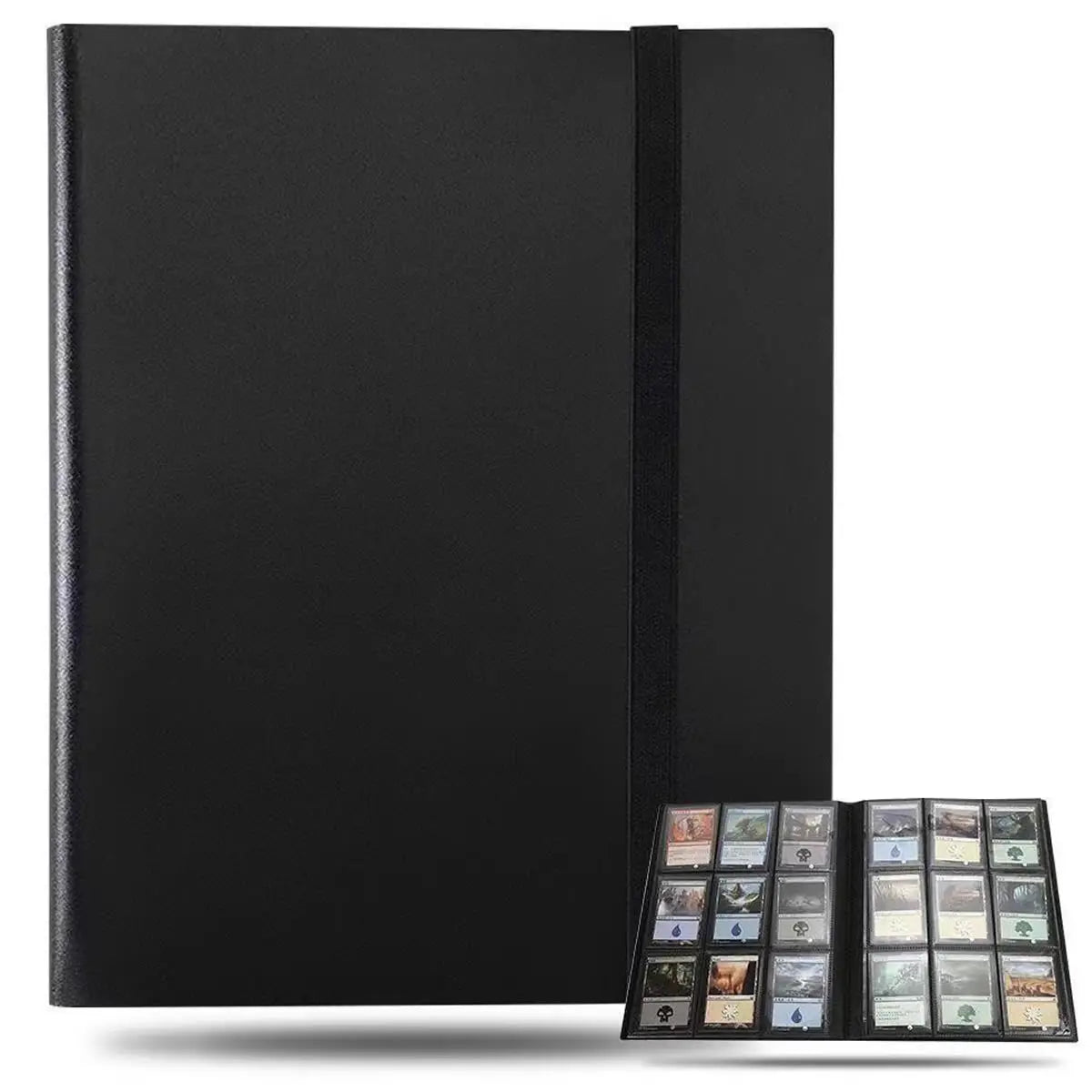 A black durable card collection binder with a spine and an open section displaying various trading cards.