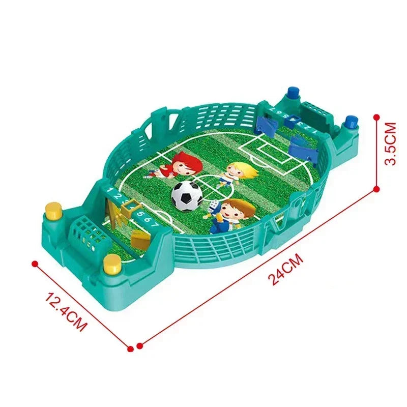 A green tabletop foosball game featuring plastic rods and figures, shown from above.