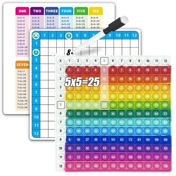 A set of reusable math flashcards with a grid and erasable writing surface for practicing multiplication facts.