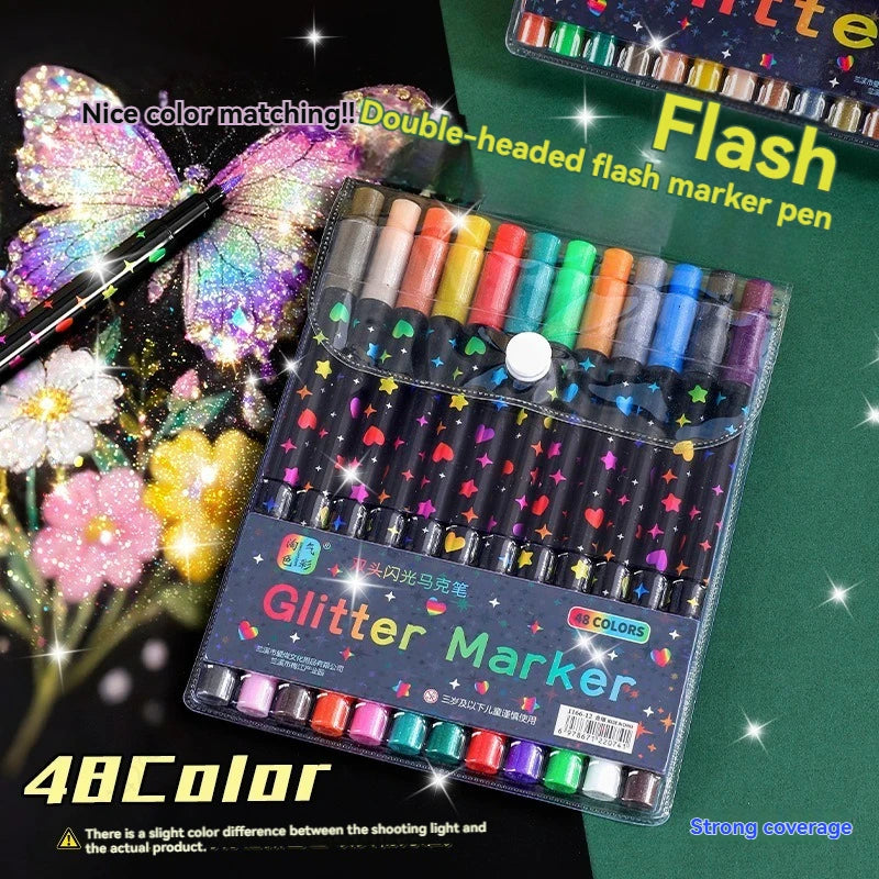 A set of 48 glitter markers in various colors is displayed in a plastic case next to a butterfly and flowers.