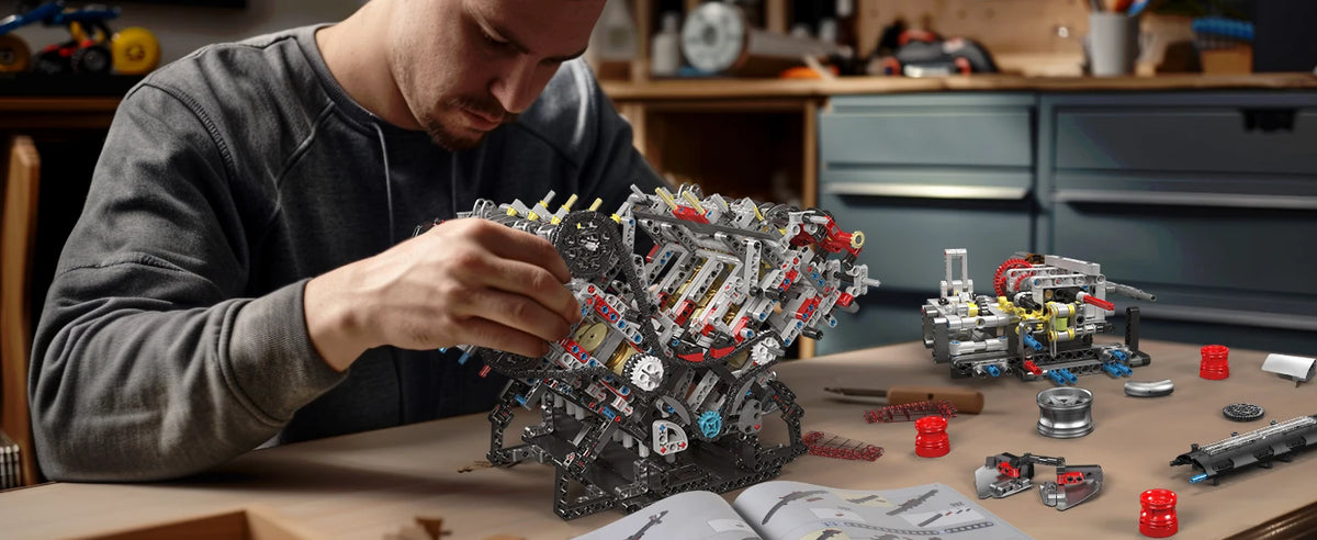A man is assembling a detailed motorized V8 supercar engine building kit with many small parts on a wooden table.