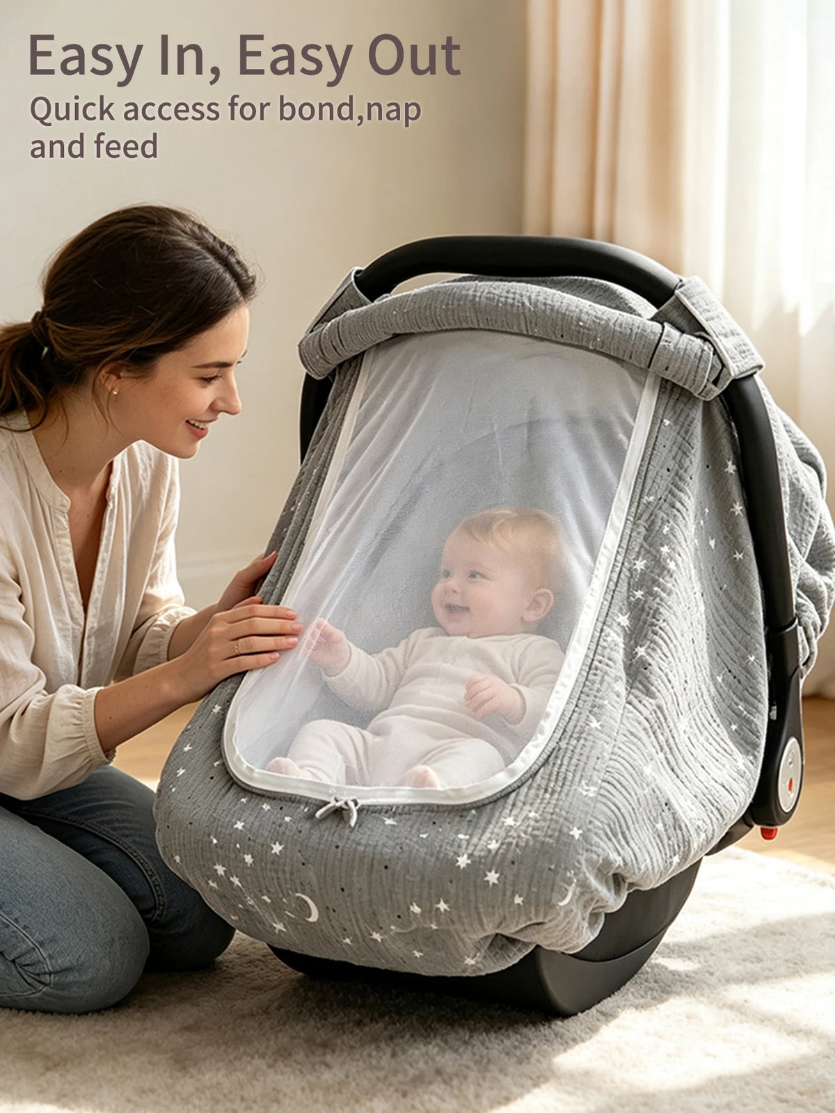 A woman is easily putting a baby into a breathable stroller sunshade cover for quick access.