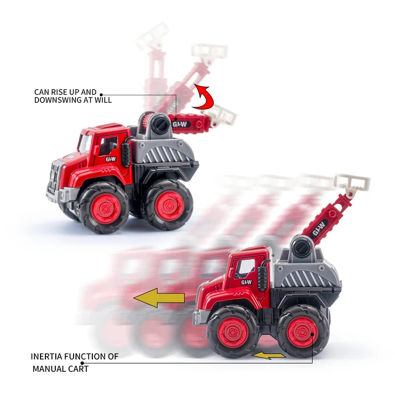 A red die-cast fire fighting vehicle set with a ladder truck and water cannon demonstrating inertia function.