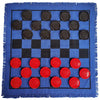 A blue game rug featuring a black and blue checkered board with 24 round checkers and tic tac toe pieces.