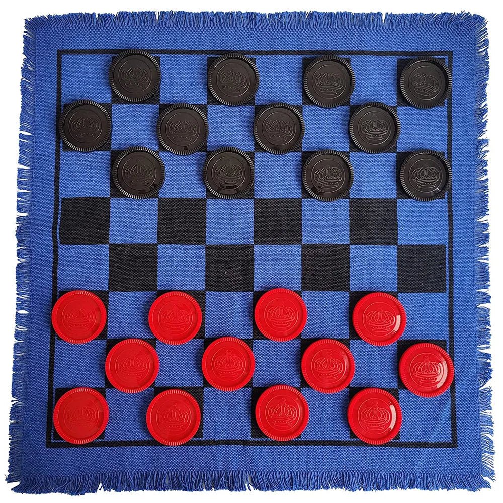 A blue game rug featuring a black and blue checkered board with 24 round checkers and tic tac toe pieces.