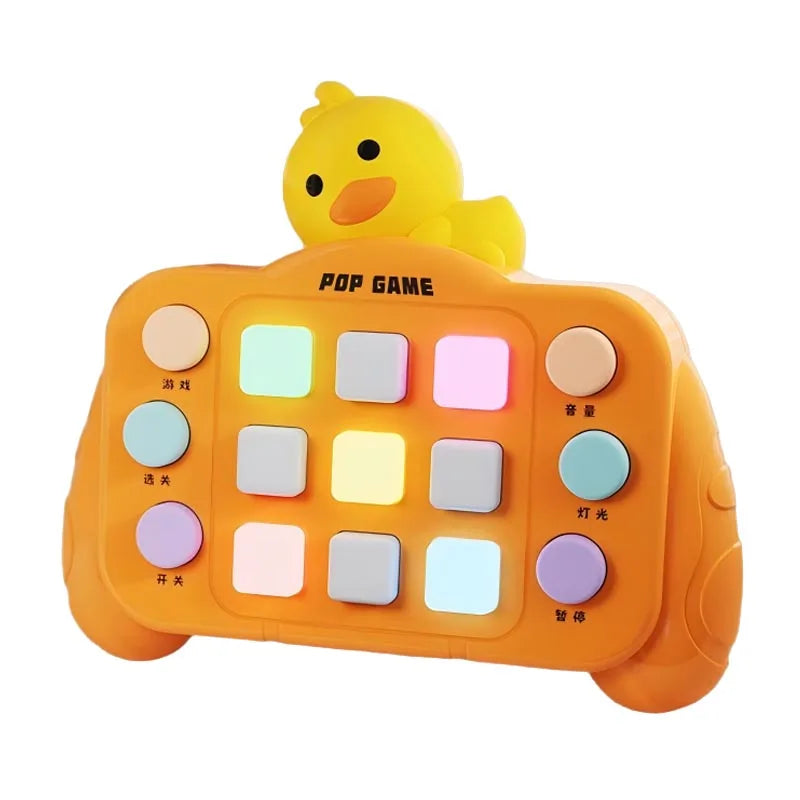 An orange Montessori busy board with yellow duck and multiple light switches for toddlers