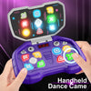 A hand holds a purple handheld dance game console with an open screen displaying colorful icons.