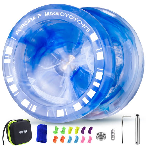 A clear blue yoyo with white accents shown next to accessories like a carrying case and a metal ring.
